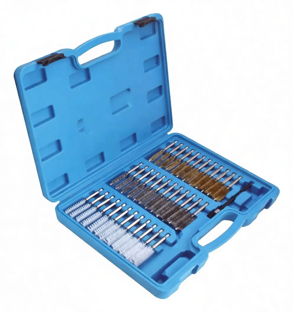 Angled view of blue case with organized brass, steel and nylon brushes and handle.
