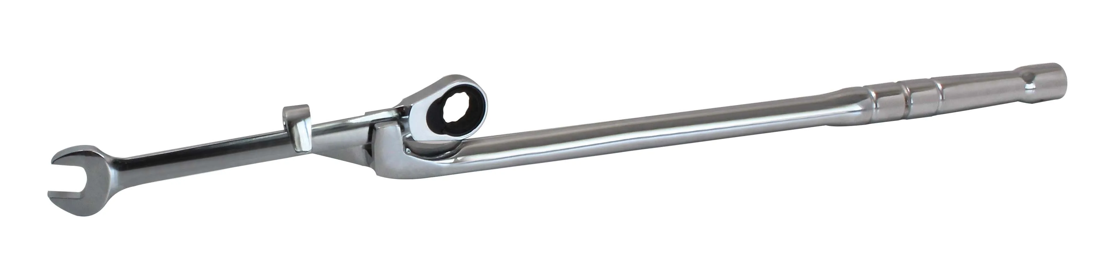 Chrome extension/power bar with an open-end wrench attached to the crowfoot head, showing the pivoting ratchet and square drive boss.