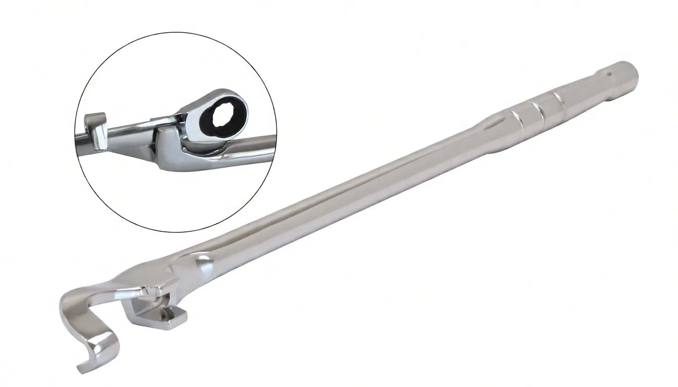 Angled chrome power bar with crowfoot head and inset close-up showing a pivoting ratchet ring and pivot pin.