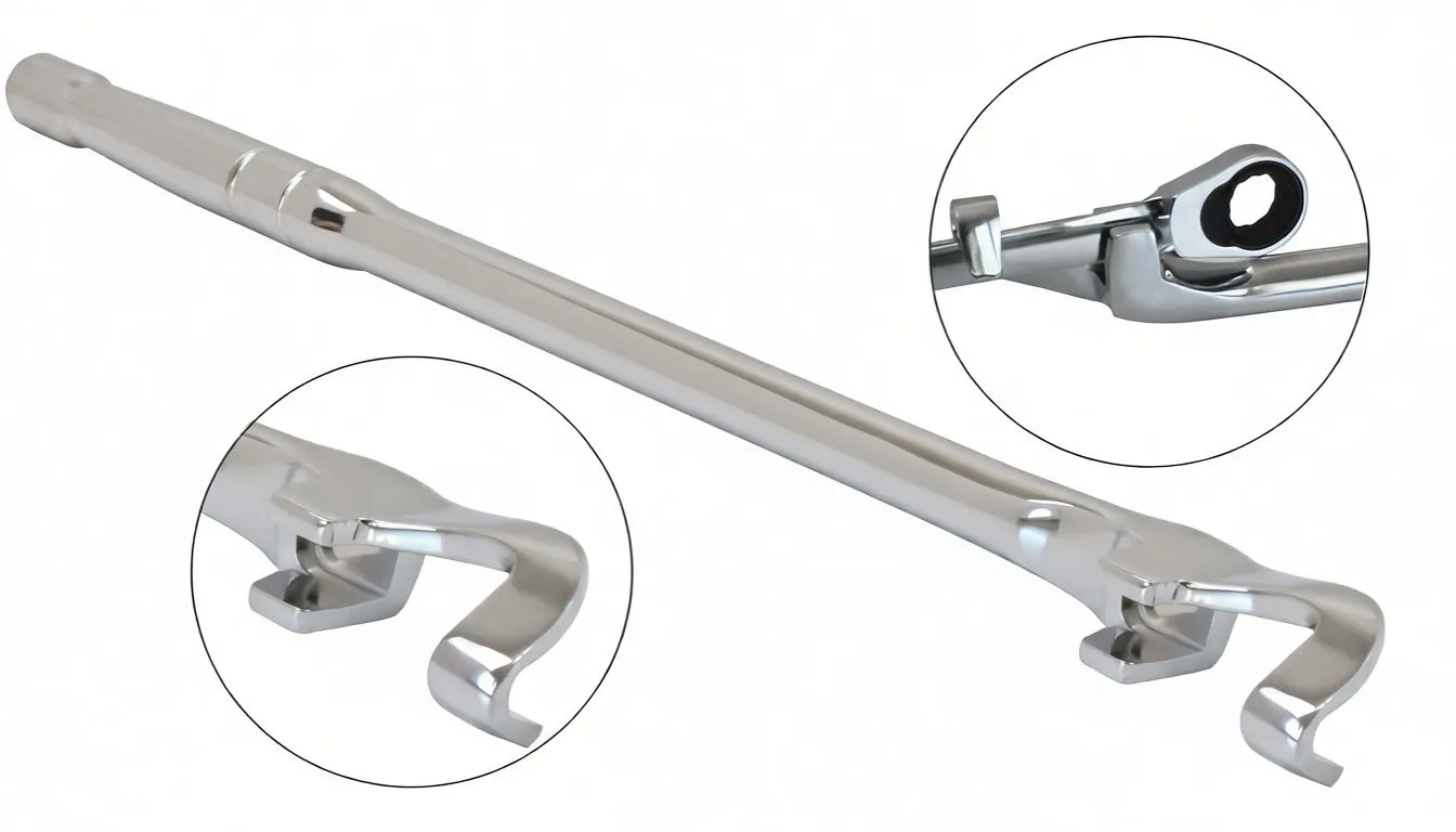 Chrome power bar with close-up insets showing crowfoot jaws and pivoting ratchet/socket detail.