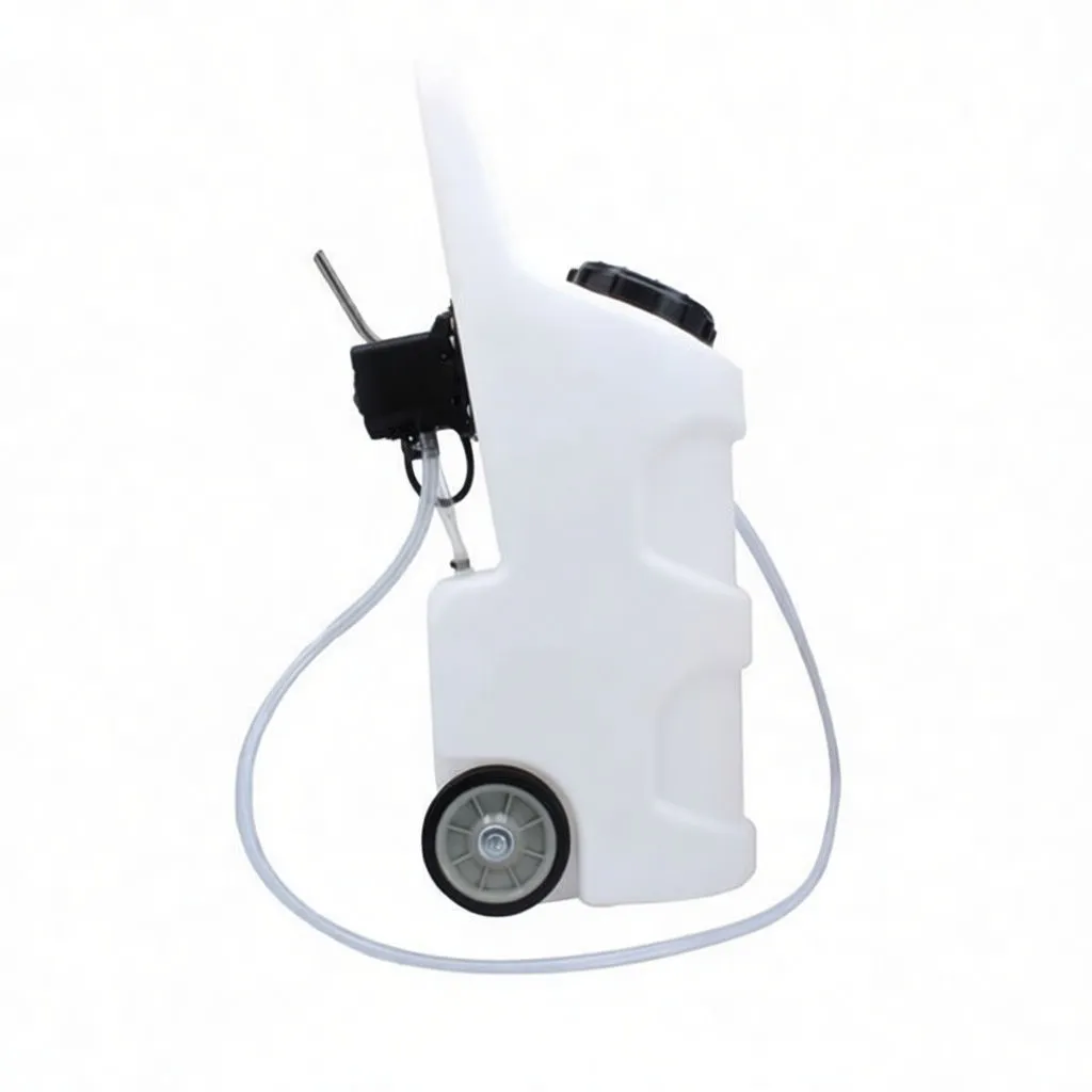 Side profile of white wheeled AdBlue dispenser with black filler cap, pump assembly, clear hose around base and visible side label