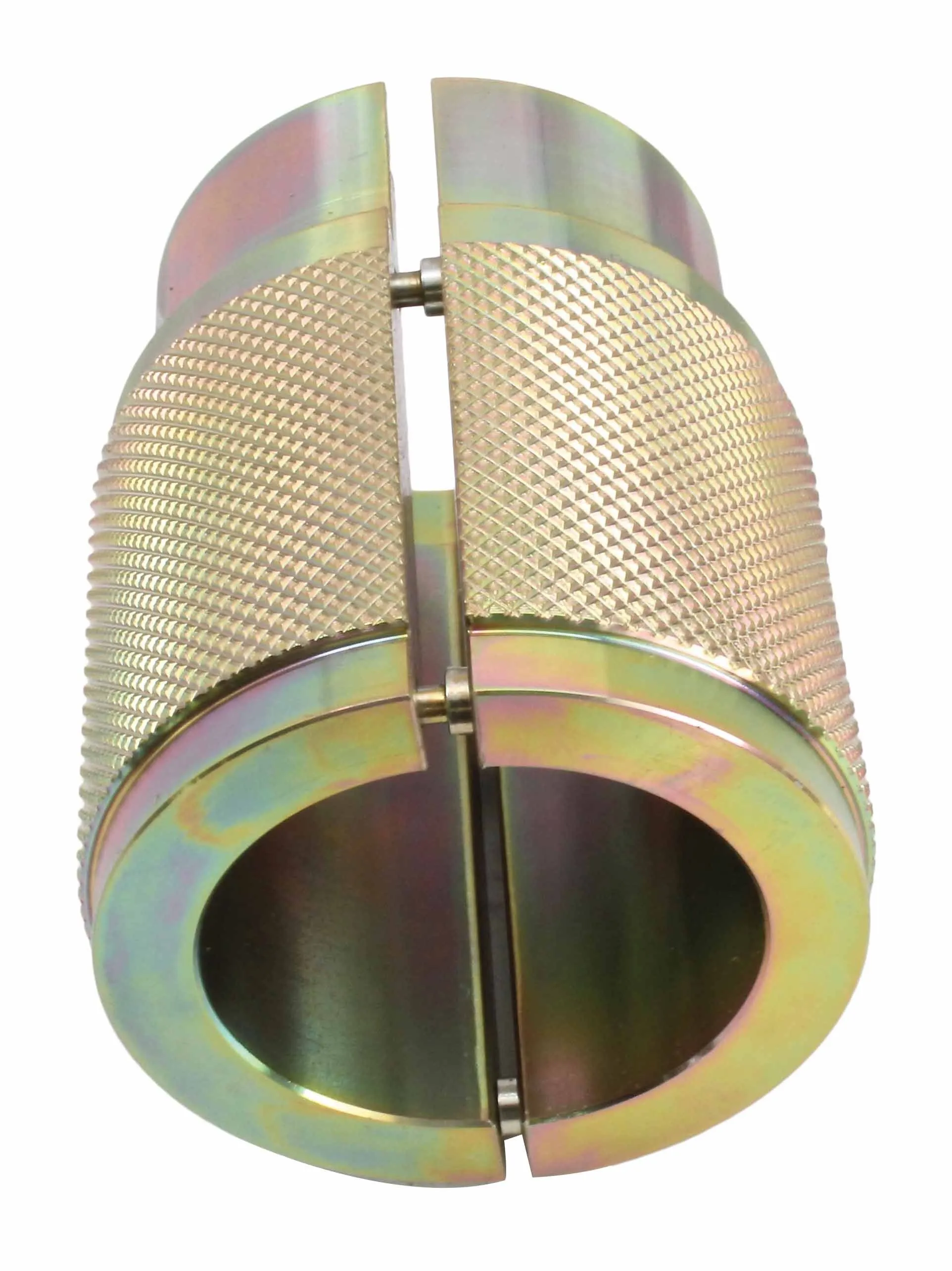 End view of split two-piece 38mm fork seal driver showing hinge pins, open bore and knurled exterior