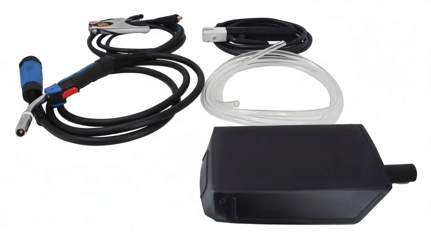 Accessories for welder including MIG torch, clamp, gas hose, face shield, brush and consumable tips laid out on white background.