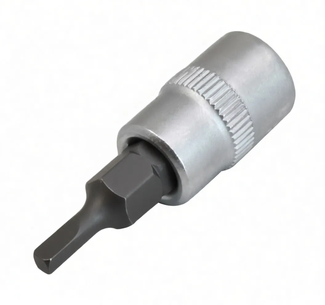 Angled shot of a silver socket adapter with knurled band and embossed marking, showing the dark hexagonal shank and slotted flat screwdriver tip
