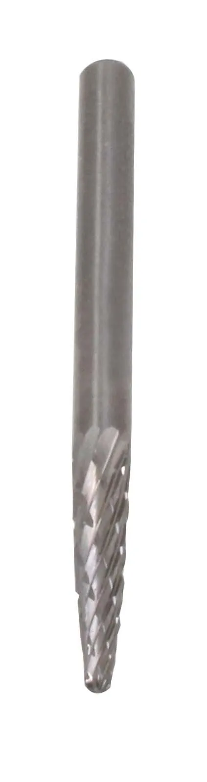 Vertical close-up of tapered rotary burr showing cross-cut flutes and rounded tip