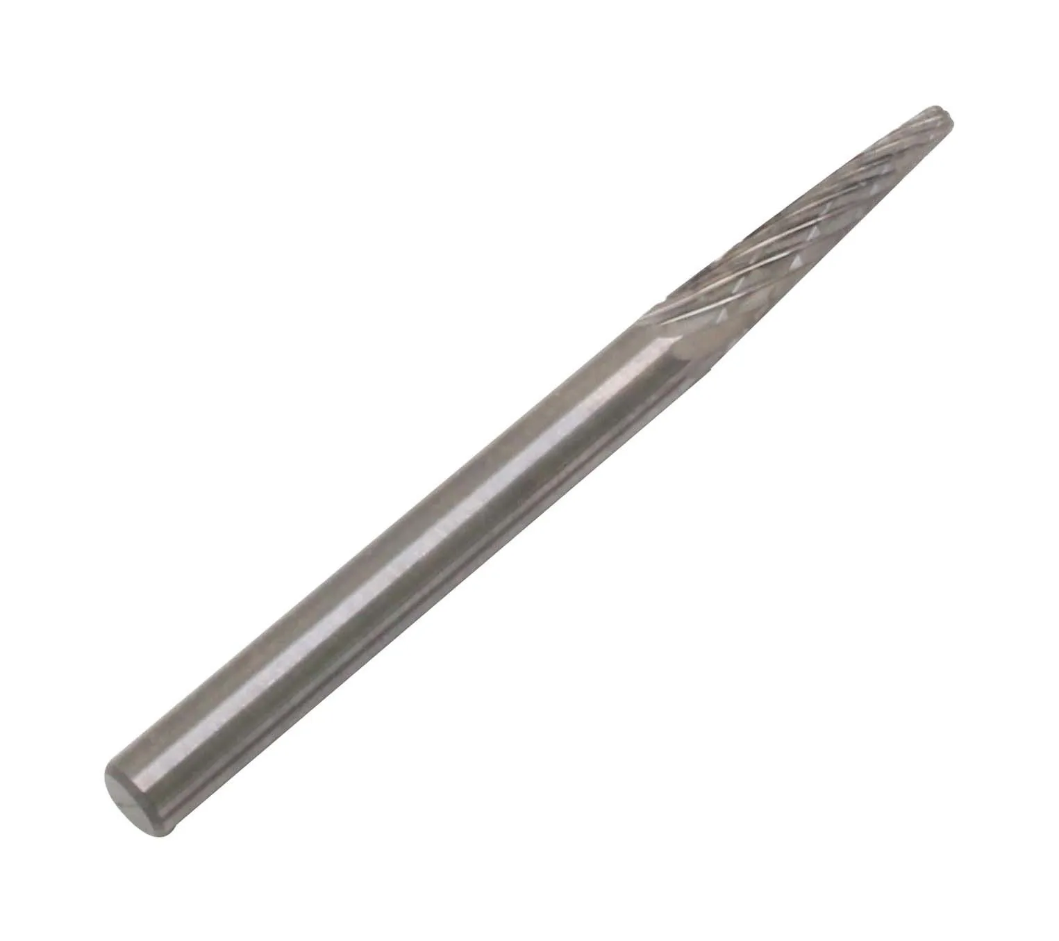 Full-length silver rotary burr with cylindrical shank and long tapered cross-cut fluted head