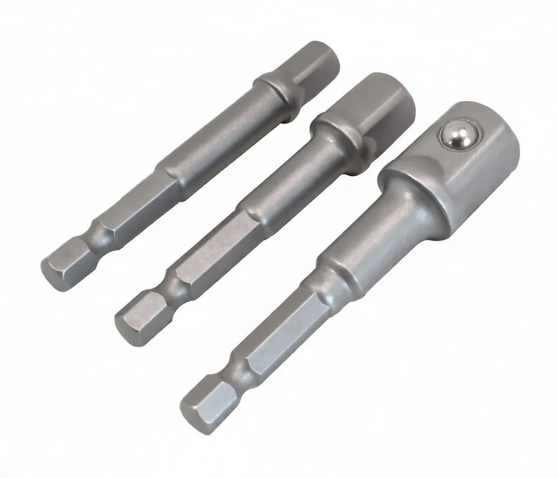 Three hex-shank to square-socket adaptors laid flat showing 1/4" hex shanks, square drives with ball detents and 'satra' markings