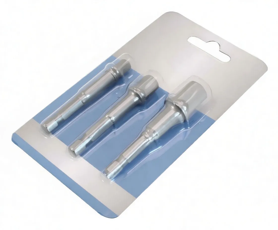 Blister pack showing 3pcs hex shank to socket adaptor kit on blue-white card with 'satra' branding, size icons (1/4", 3/8", 1/2") and three metal adaptors visible