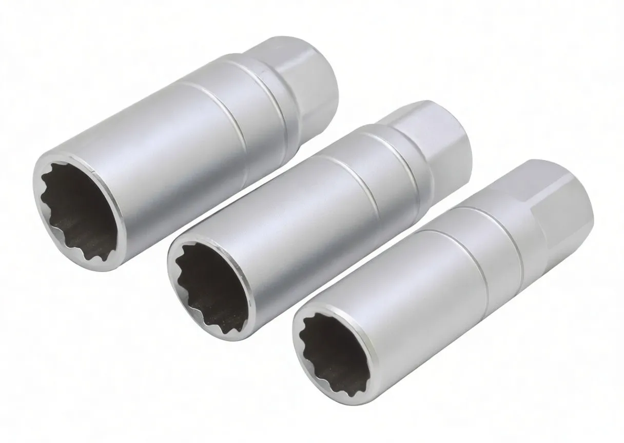 Top-view of three silver deep spark plug sockets showing 12-point openings
