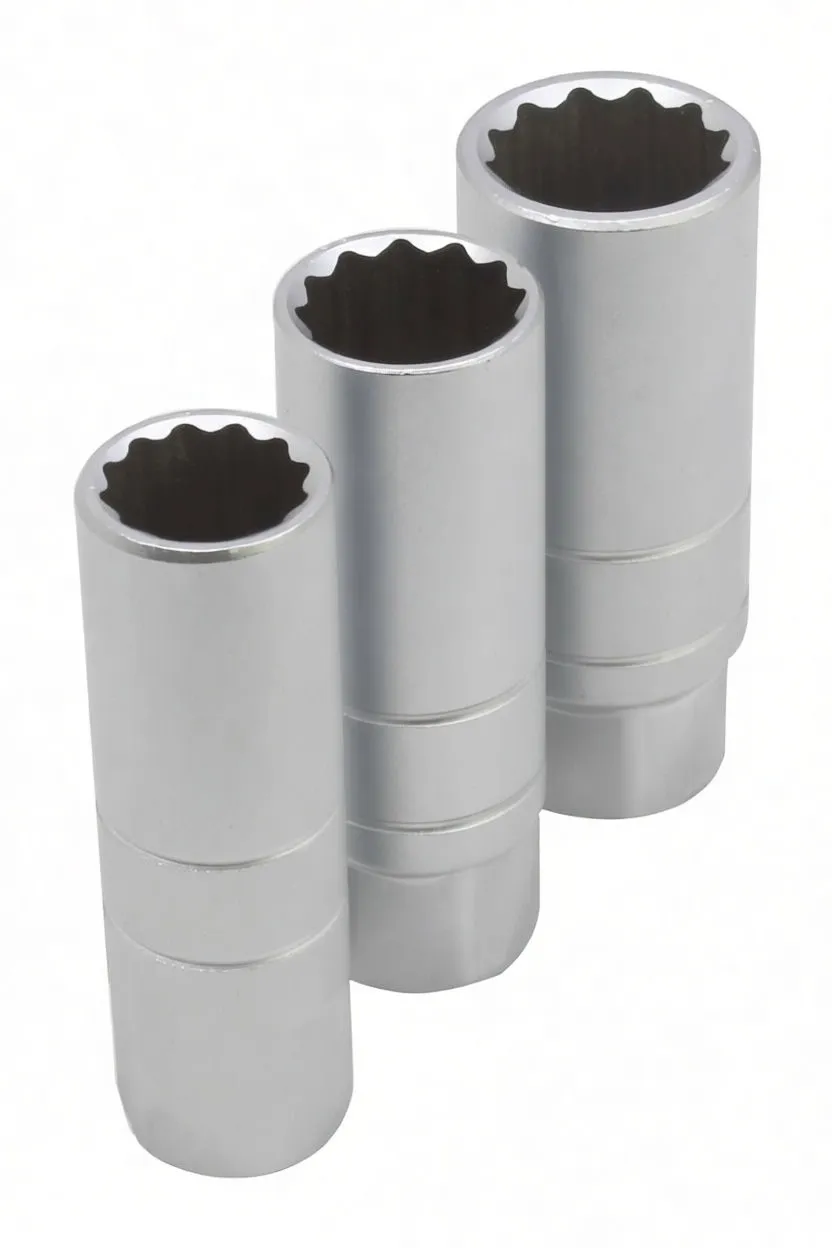Three upright silver spark plug sockets with '16mm' marking and 12-point openings