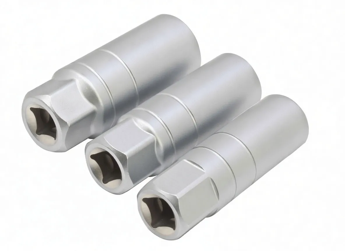Staggered view of three silver sockets showing hex flats and stamped markings