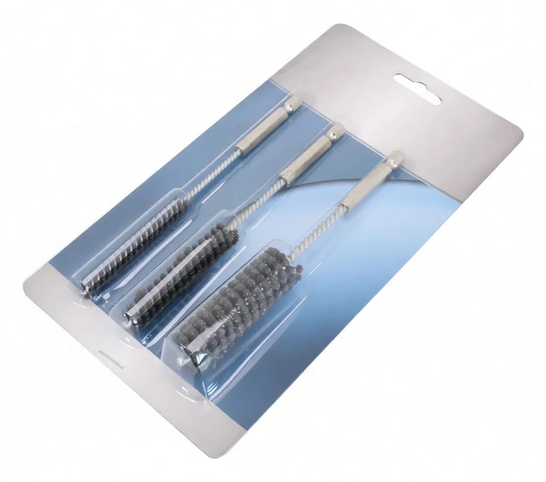 Three flexible honing brushes in clear blister pack on branded blue/gray backing card with 'saTra' logo and model code