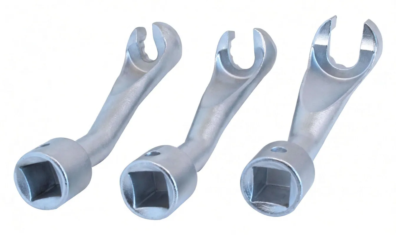 Three wrenches from the back showing square drive sockets and U-shaped open heads with notches