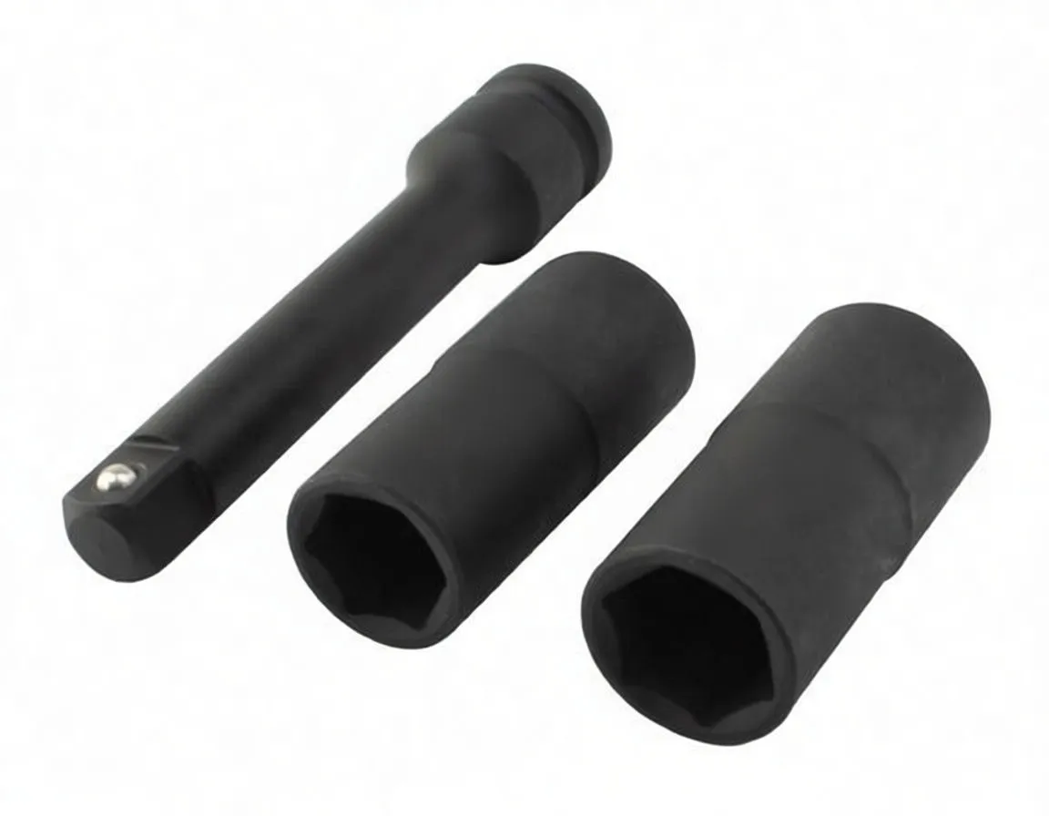 Impact socket extension and two deep black sockets with visible millimetre size markings and brand logo