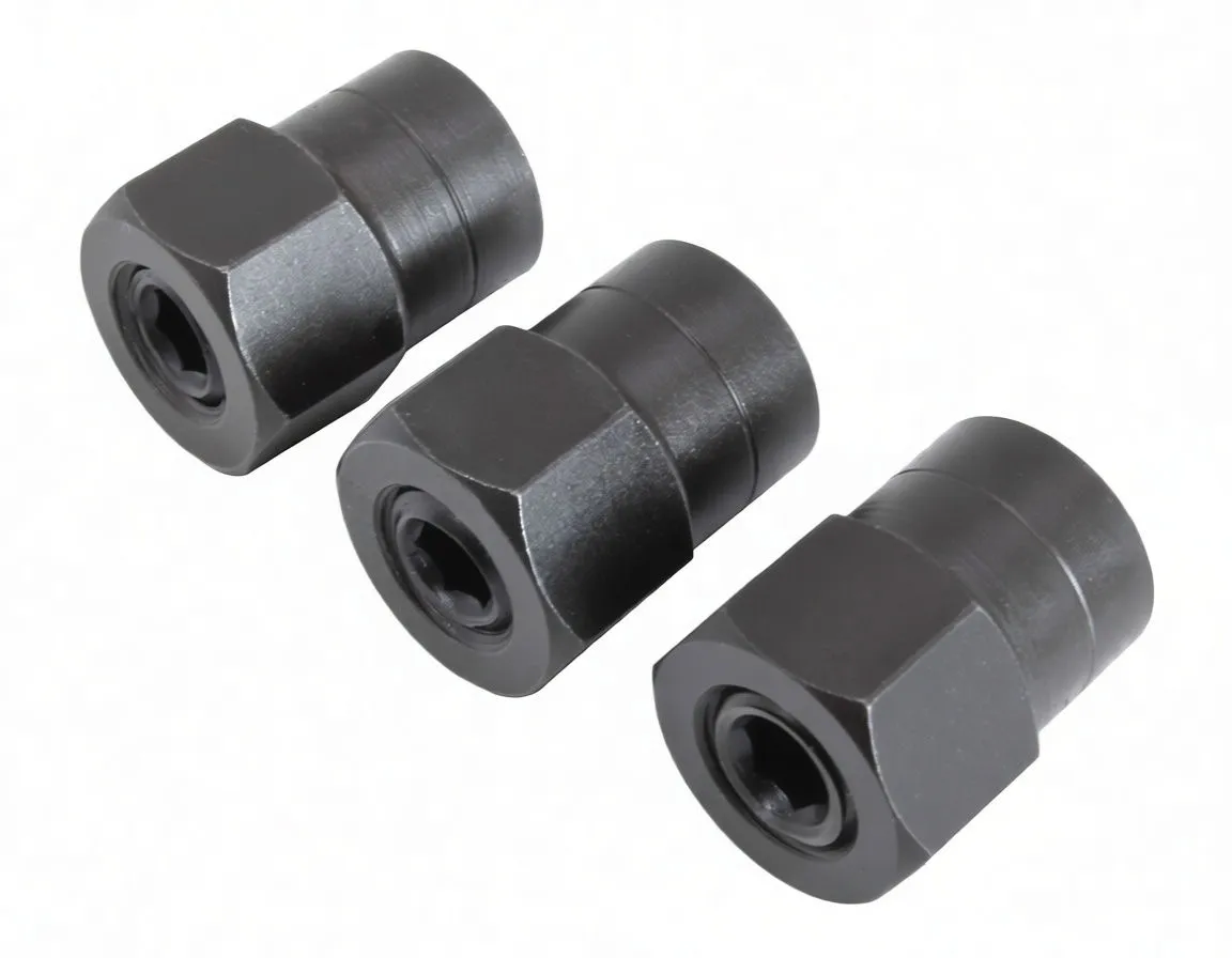 Top/angled view of three dark metal stud installation sockets showing threaded female ends, hex flats stamped M8, M7, M6 and a white brand marking on the center piece.
