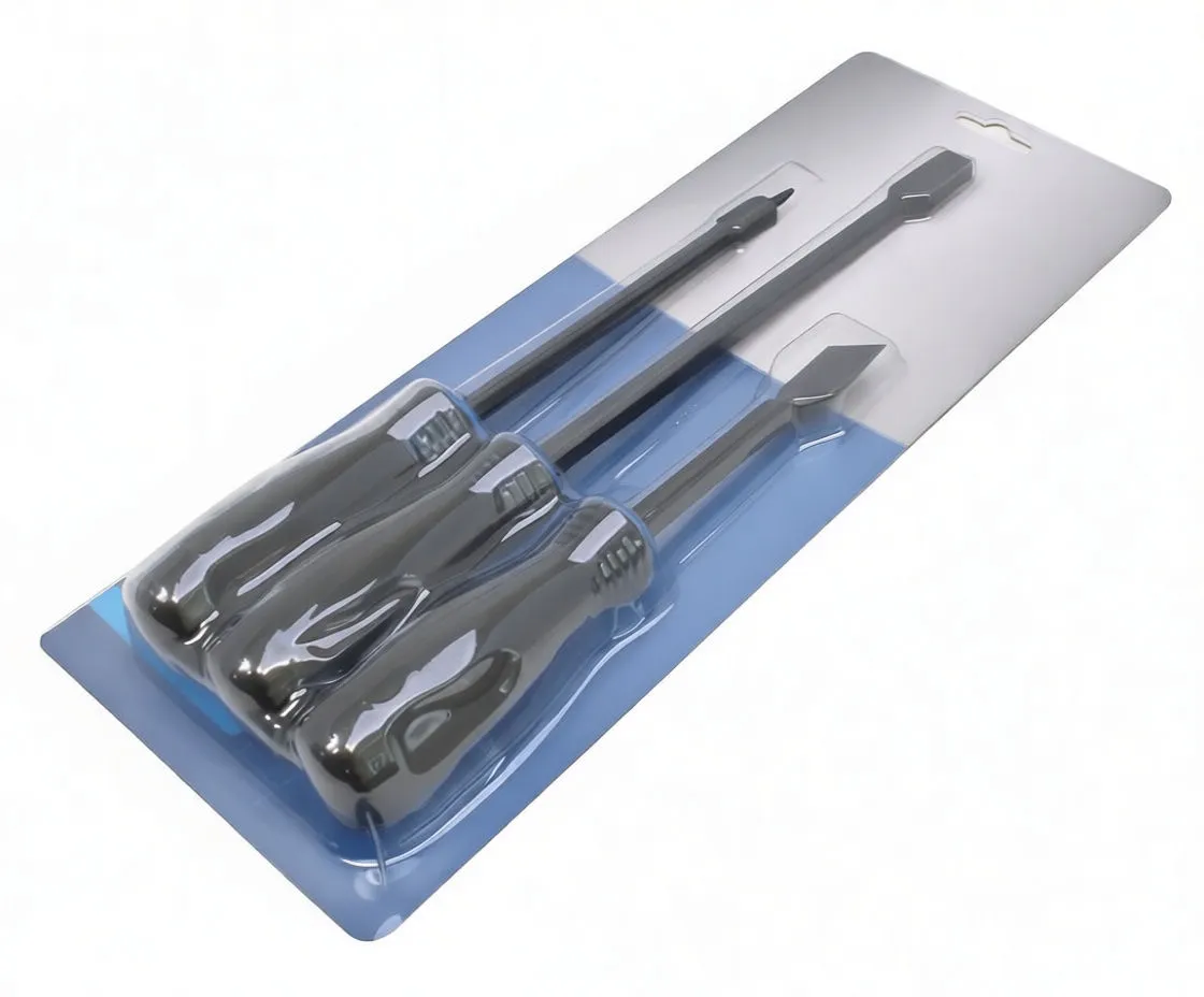 Three-piece trim removal tool set in clear blister packaging on a blue/gray cardboard backing showing '3 PCS' badge and a brand logo.