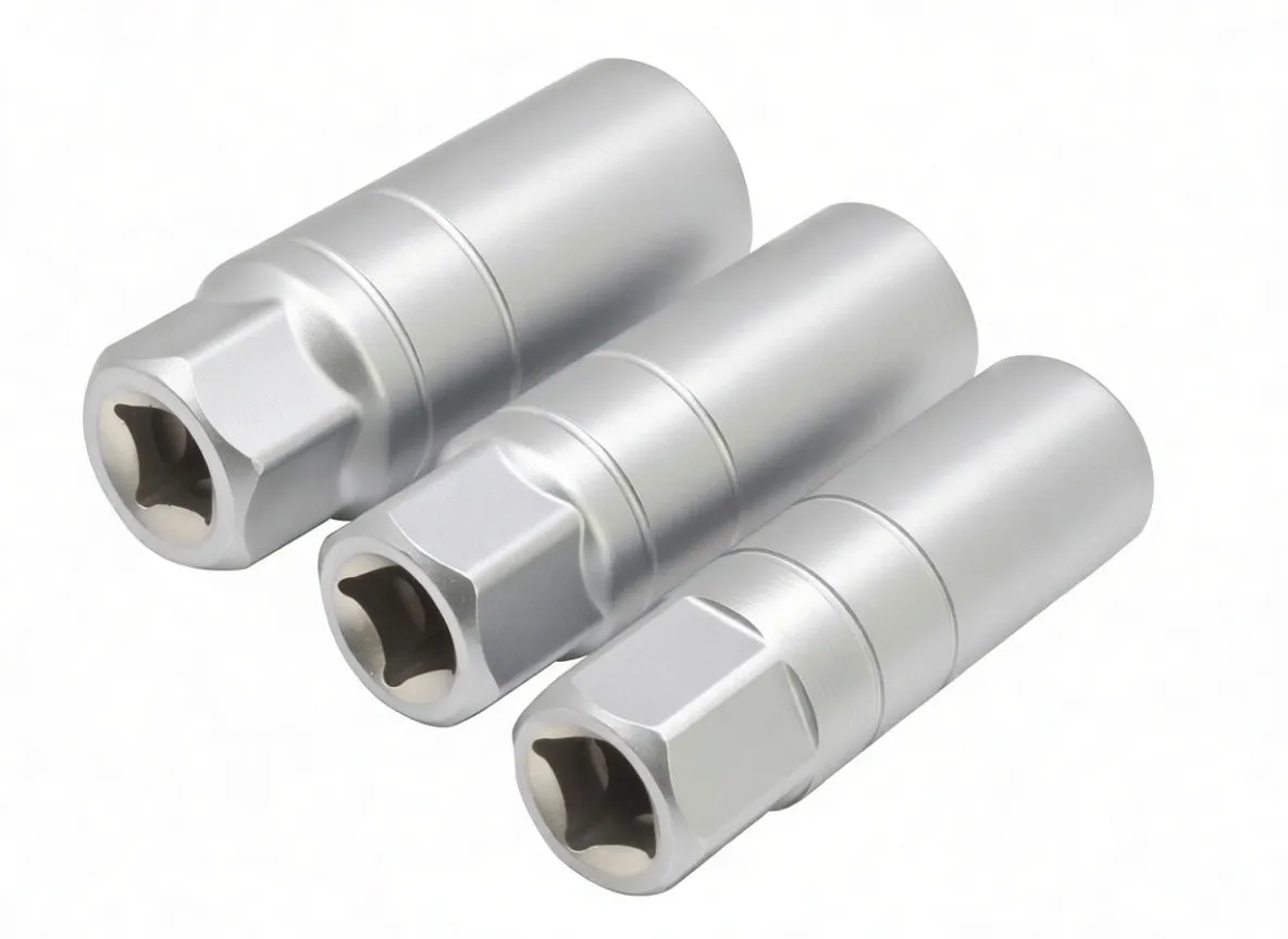 Three silver ultra-thin spark plug sockets with inset close-up of 12-point interior