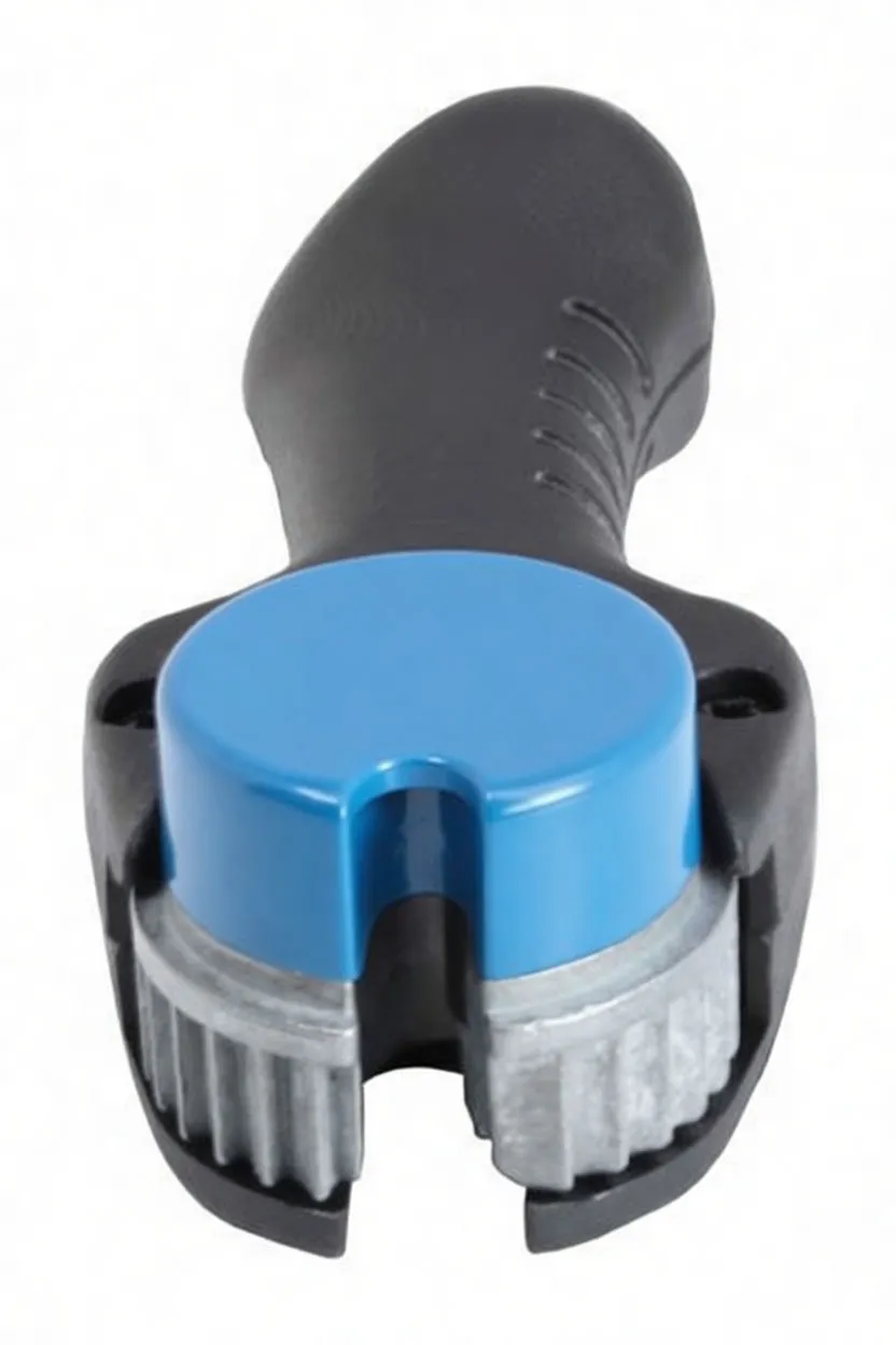 Front close-up of blue cutter head showing U-shaped slot and silver ridged feed wheels on black-handled pipe cutter