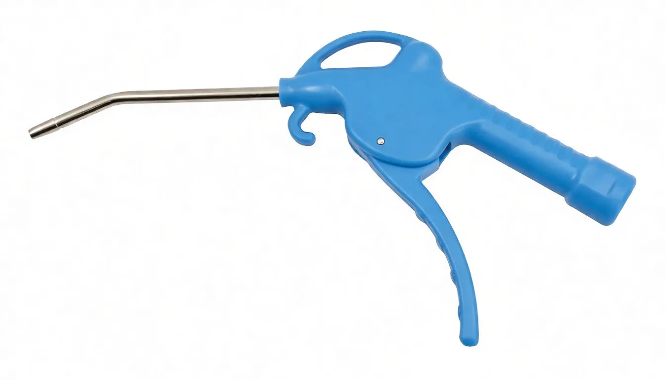 Angled top view of blue ASTA air blow gun showing bent nozzle, trigger grooves and brass inlet