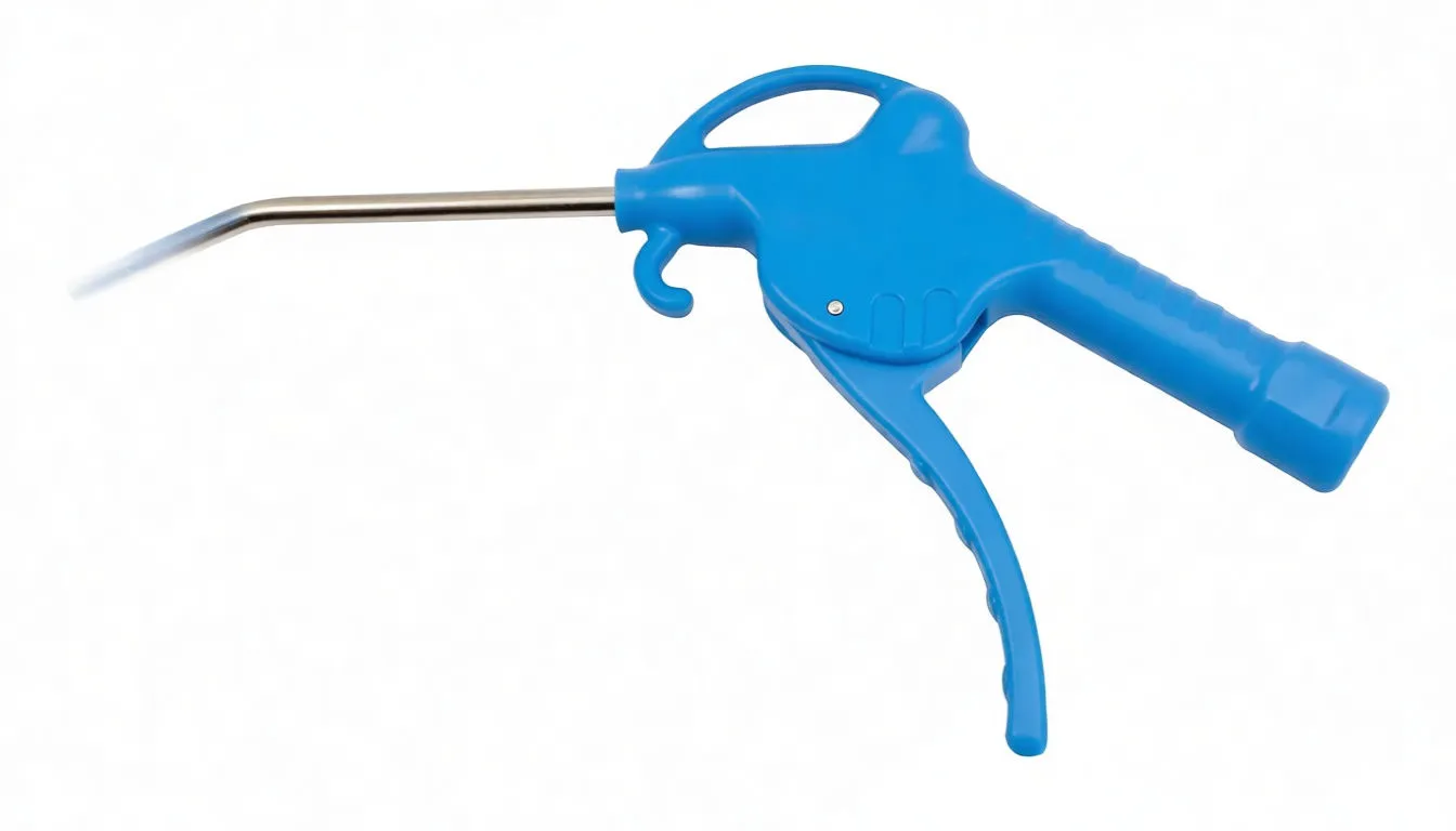 Side view of ASTA blue air blow gun with bent metal nozzle and brass inlet