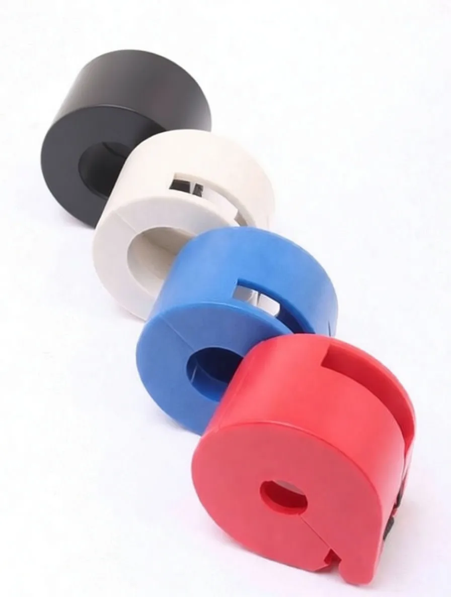 Angled view of stacked round snap-on plastic clamps in red, blue, white and black showing inner bores, side cutouts and hinge pins