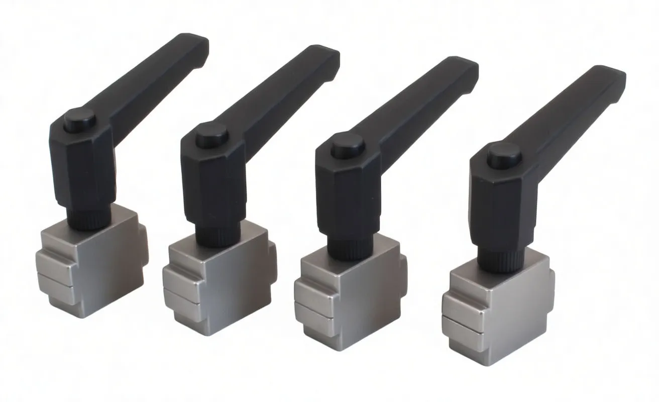 Diagonal arrangement of four brake line clamps highlighting side profile, V-grooves and black handles.