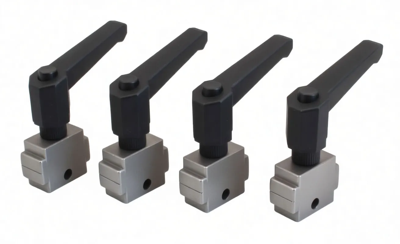 Top view of four ASTA A-4BLC brake line clamps showing engraved faces and V-shaped grooves.