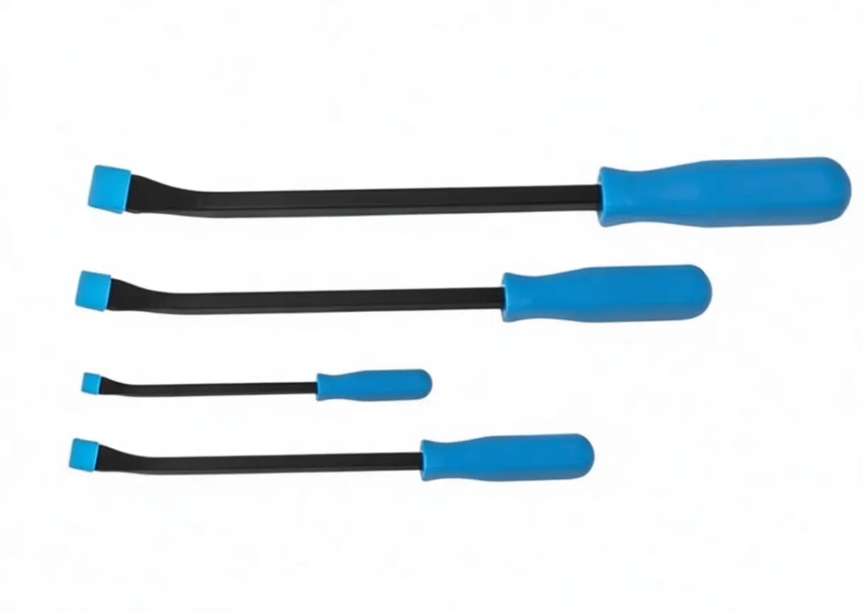 Four pry bars with blue handles and flat chisel ends, white logo visible on handles