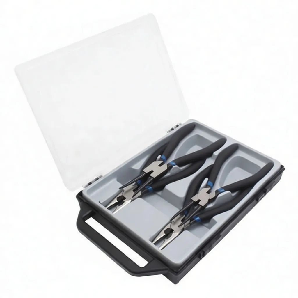 Four circlip pliers in a row showing different jaw types (straight, bent, double-pin, hooked) with black handles and blue accent.