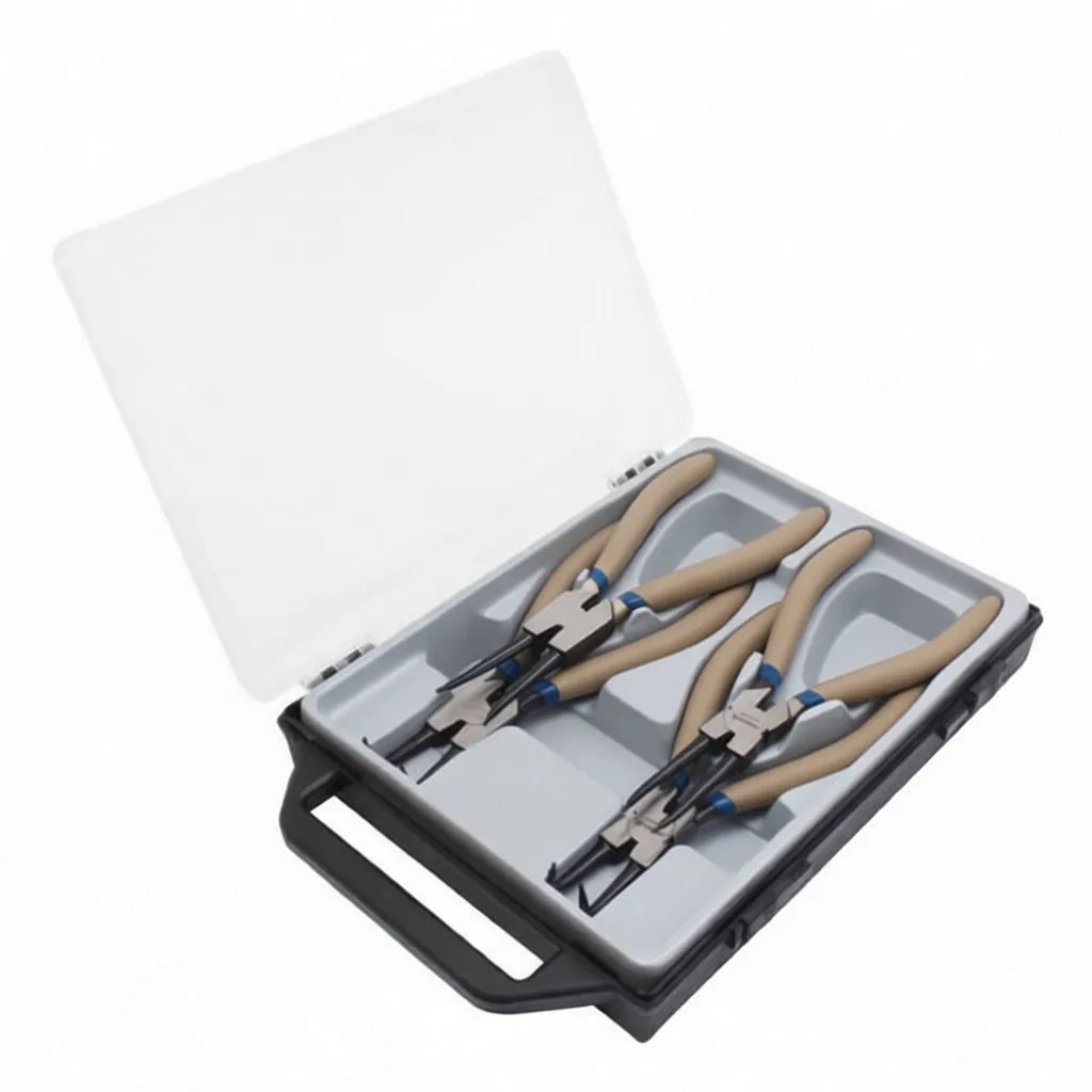 Overhead view of four circlip pliers in a grey insert inside a transparent-lidded plastic case.