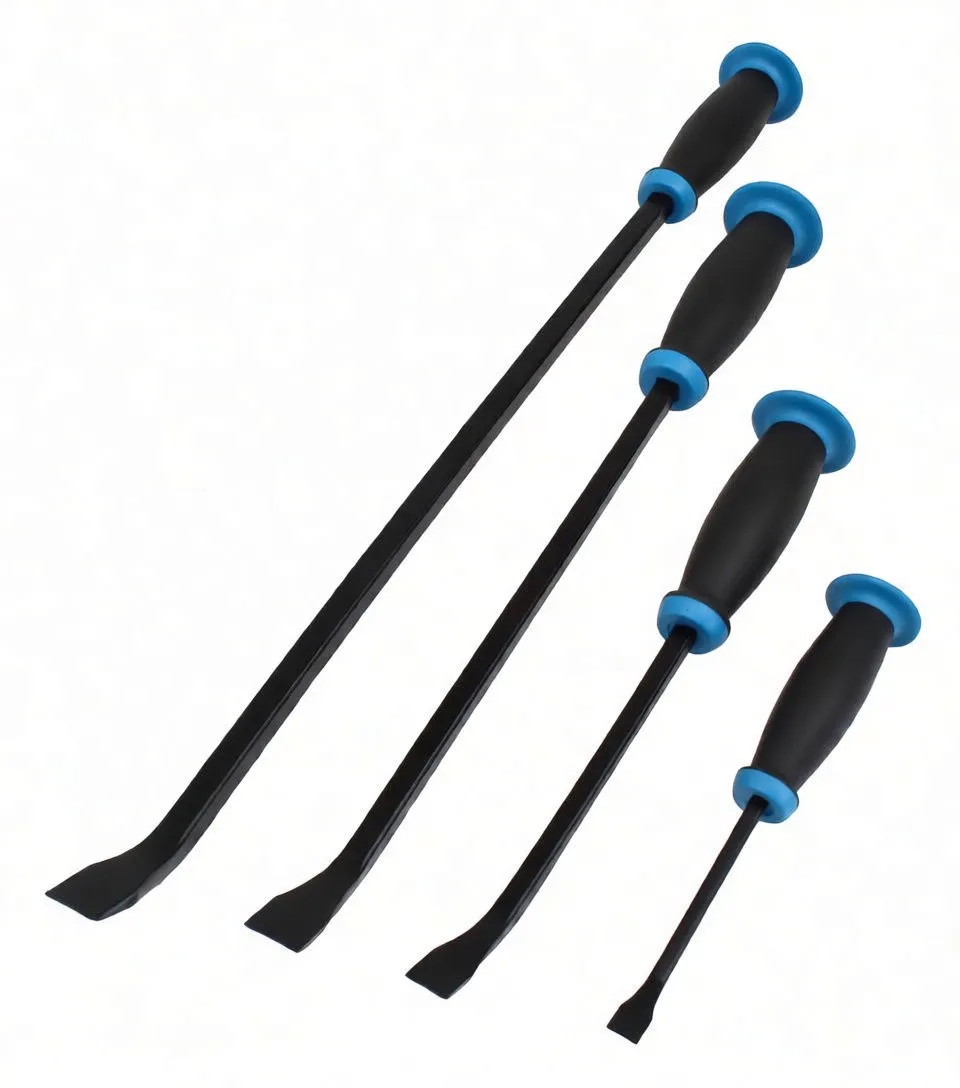 Four pry bars with exposed black chisel tips, black handles and blue impact caps shown on white background