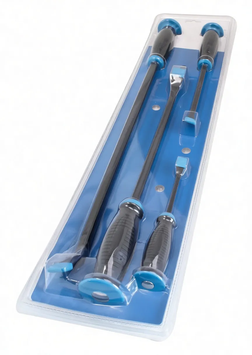 Blister pack containing four pry bars with black handles, blue caps and visible product label and barcode