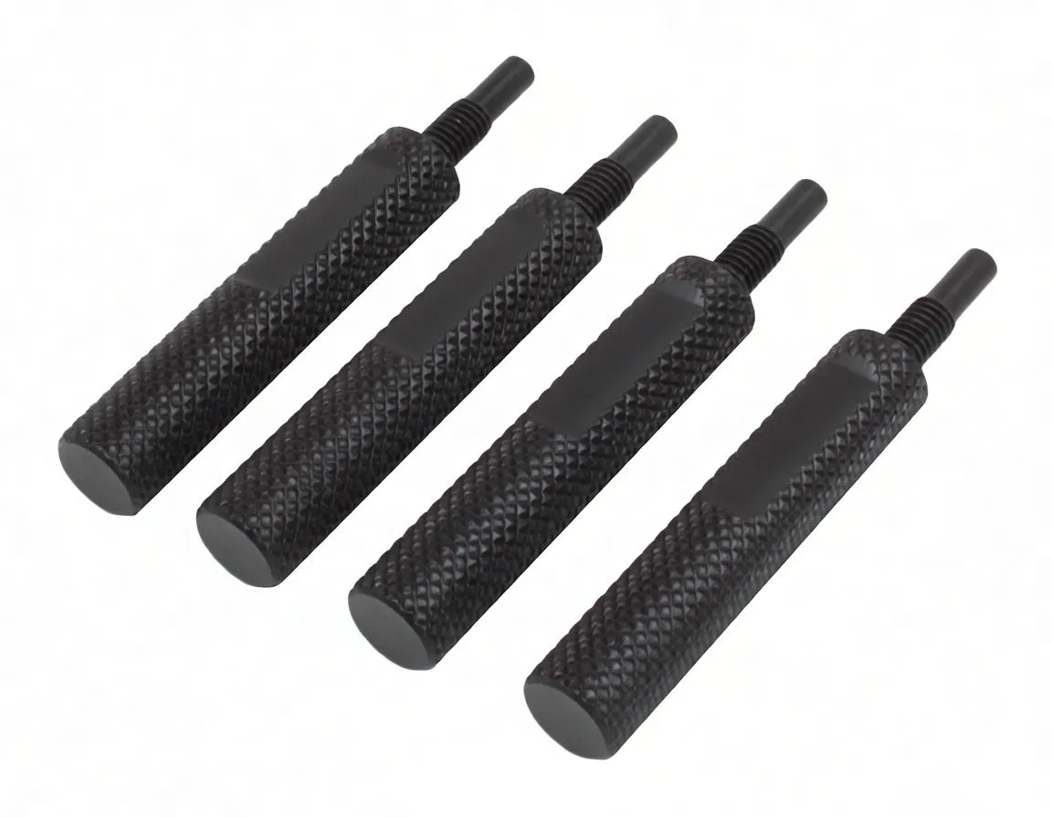 Parallel view of four knurled cylindrical alignment pins with M5X0.8 markings and protruding threaded locating shafts.