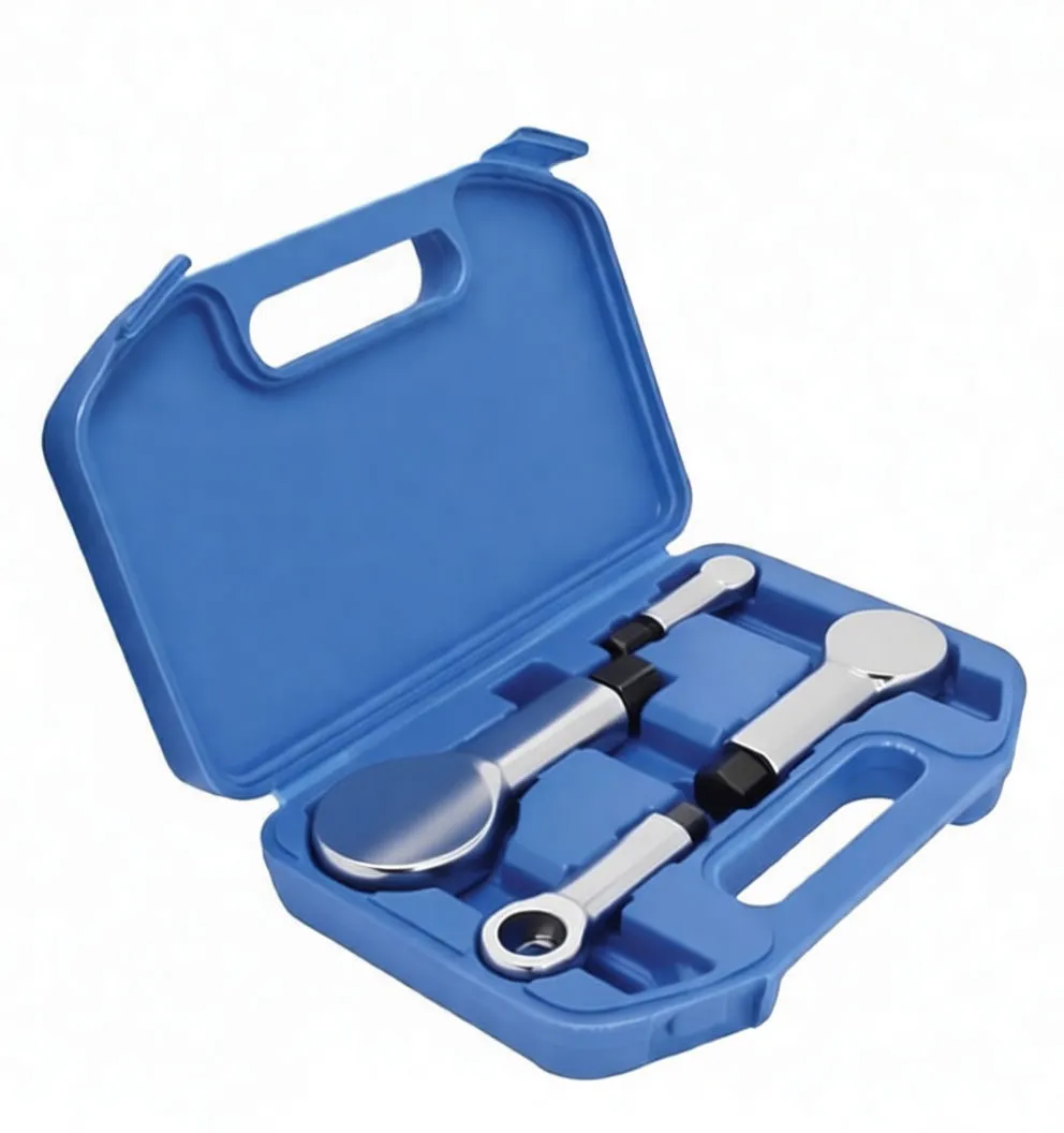 Angled shot of blue case with three chrome nut splitters inside, showing ring heads and hex bolts