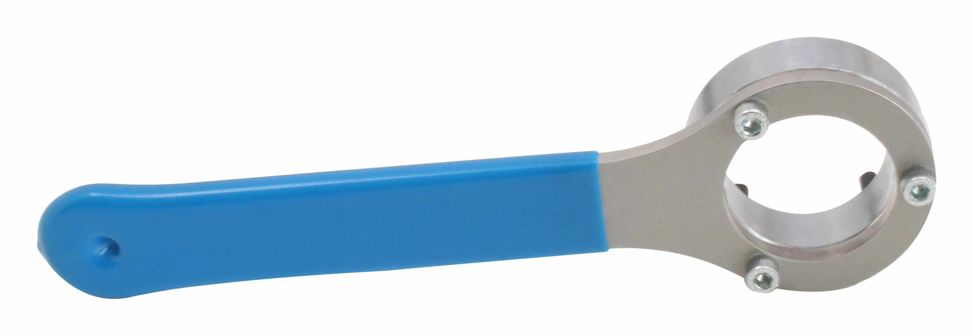 Side profile of a 4‑pin primary gear holder showing underside of circular head with screws and internal notches, and a blue handle.