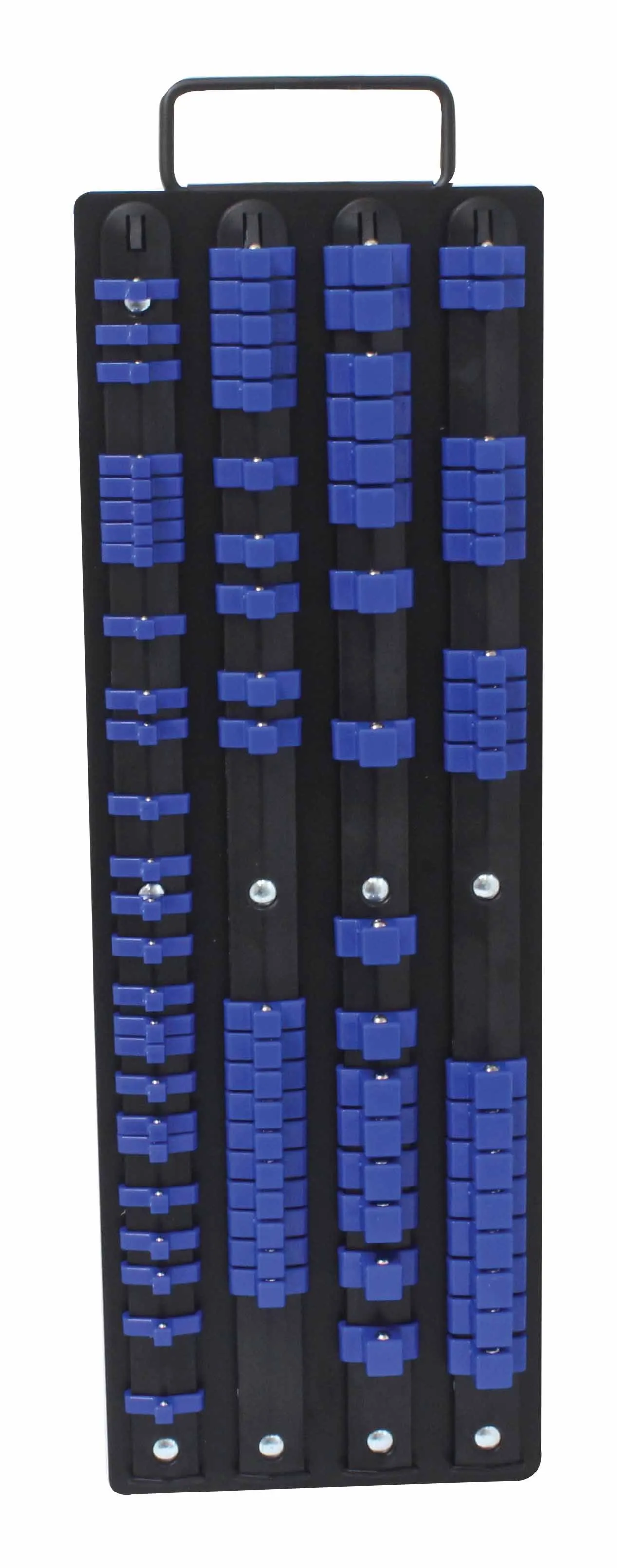 Front view of slip-on rail set showing four rails with blue modular blocks and mounting rivets