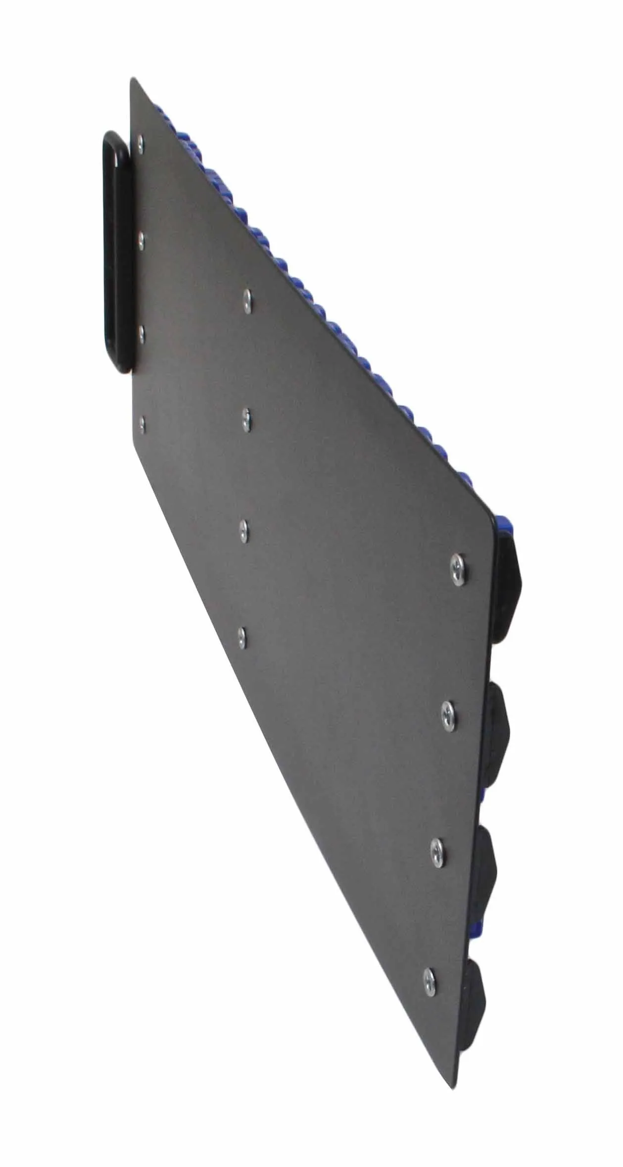 Side view of the rail set showing the flat backing plate, screw heads, and blue blocks projecting from the edge
