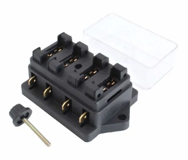 Black 4-slot blade fuse holder with cover removed showing four fuse pockets, brass contacts, and mounting hardware