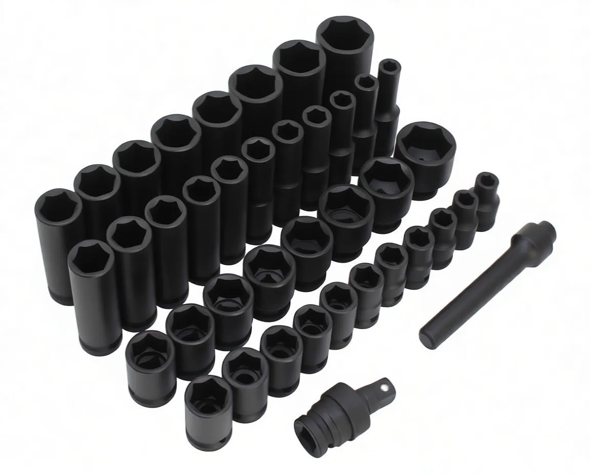 Set of black impact sockets and accessories arranged on white background showing sizes, extension and adapter.