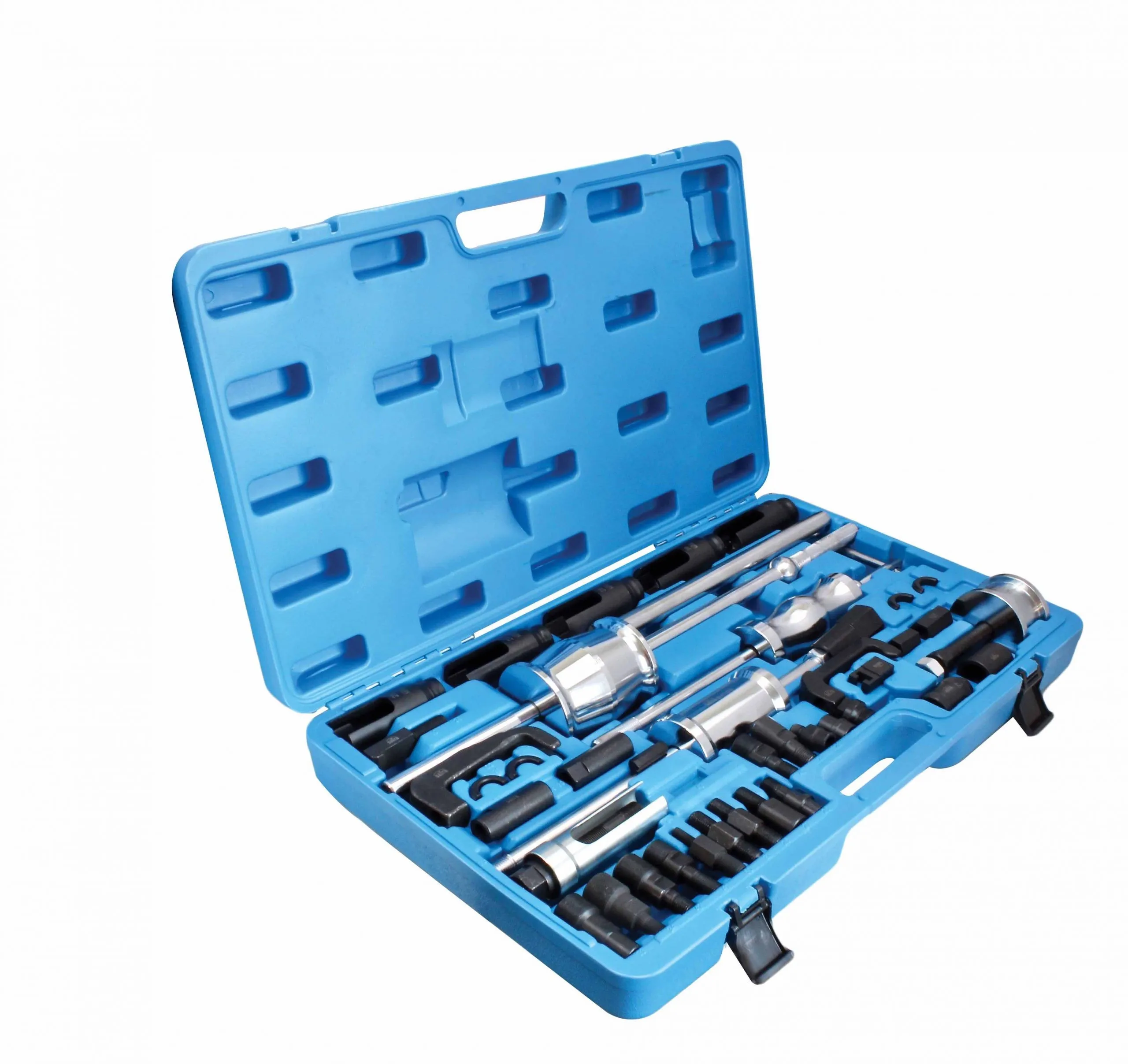 Side view of blue tool case with chrome rods, slide-hammer weights and black adapters neatly fitted inside