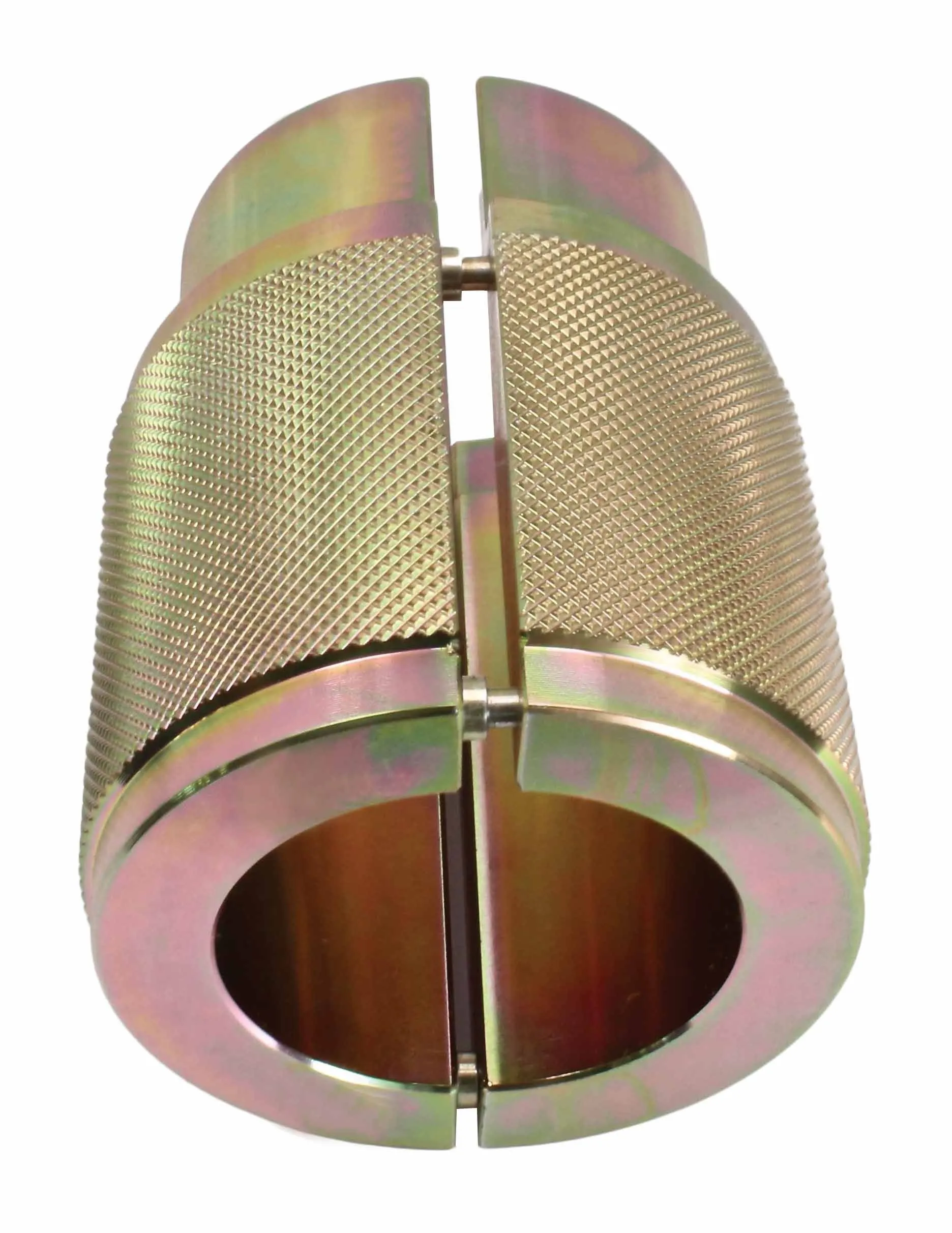 Front view of split two‑half 40mm fork seal driver showing internal bore, hinge pins and knurled exterior