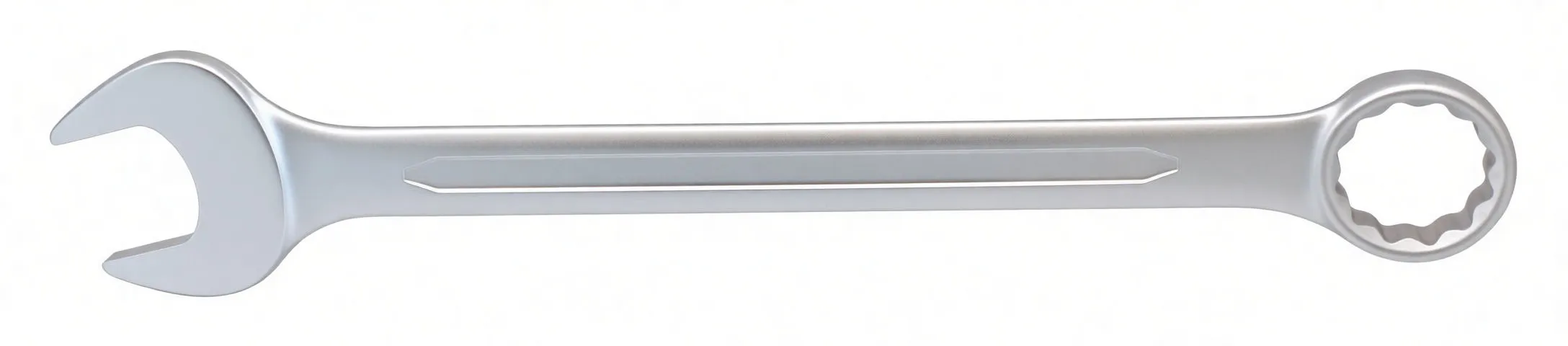 Side profile of a matte-finished combination wrench showing open end at left, box end at right, and embossed marking on handle