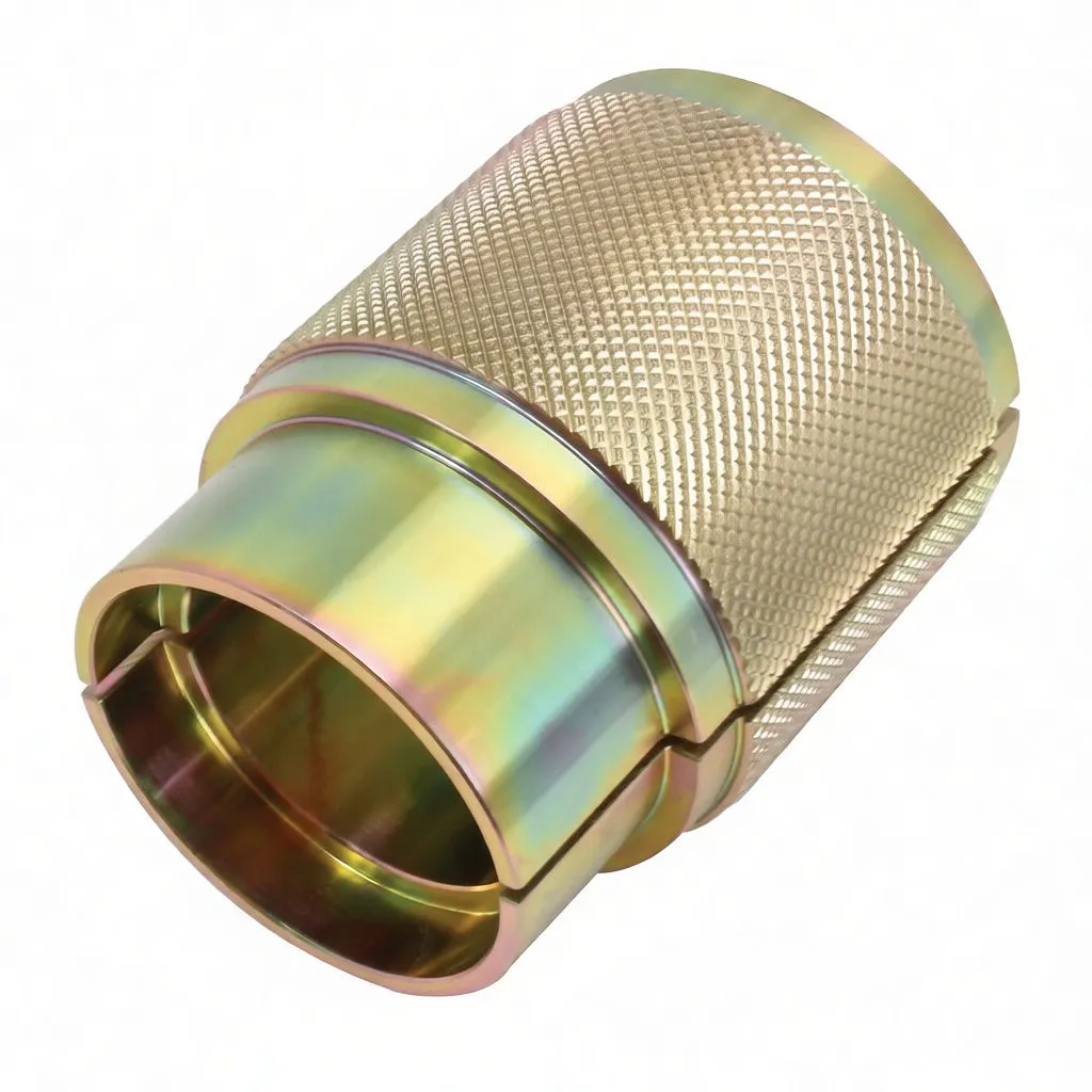 Tilted view of a gold plated knurled fork seal driver with visible white brand marking 'ASTA A-MF3294' and open circular bore