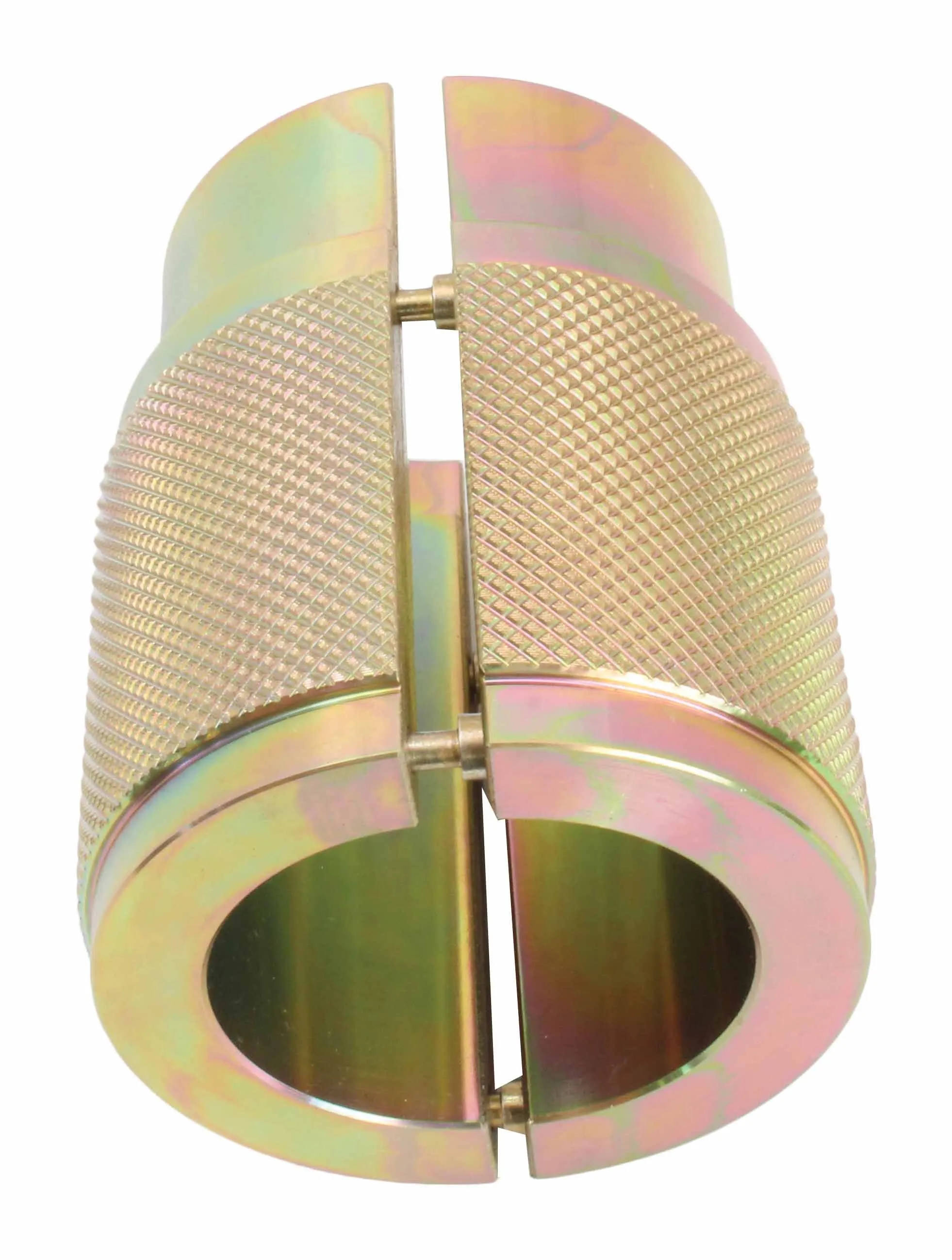 Top view of the two halves of a gold plated fork seal driver separated along a hinge, showing knurled exterior and circular inner bore