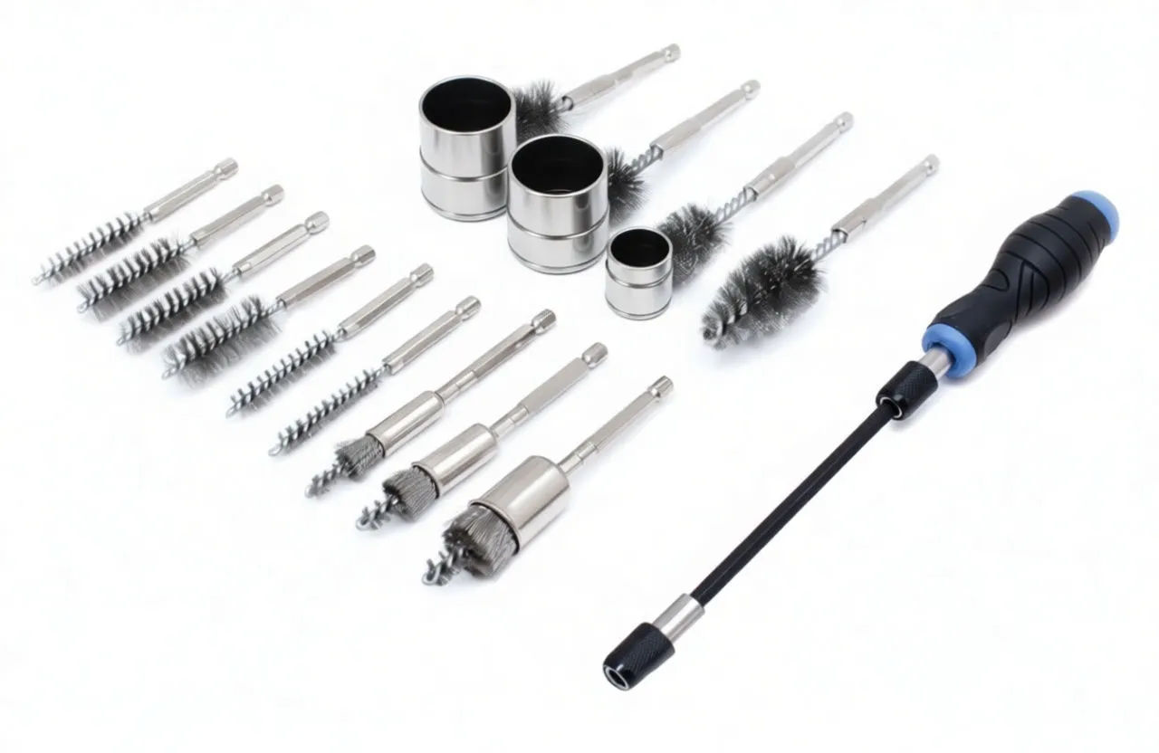 Close-up of metal cleaning brushes, cup brush heads, extension shafts and a black-blue driver handle with a white logo on white background.