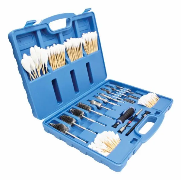 Angled open blue case containing many wooden cotton swabs in lid and an organized array of metal brushes, a black-blue handle and extension rods in the base.