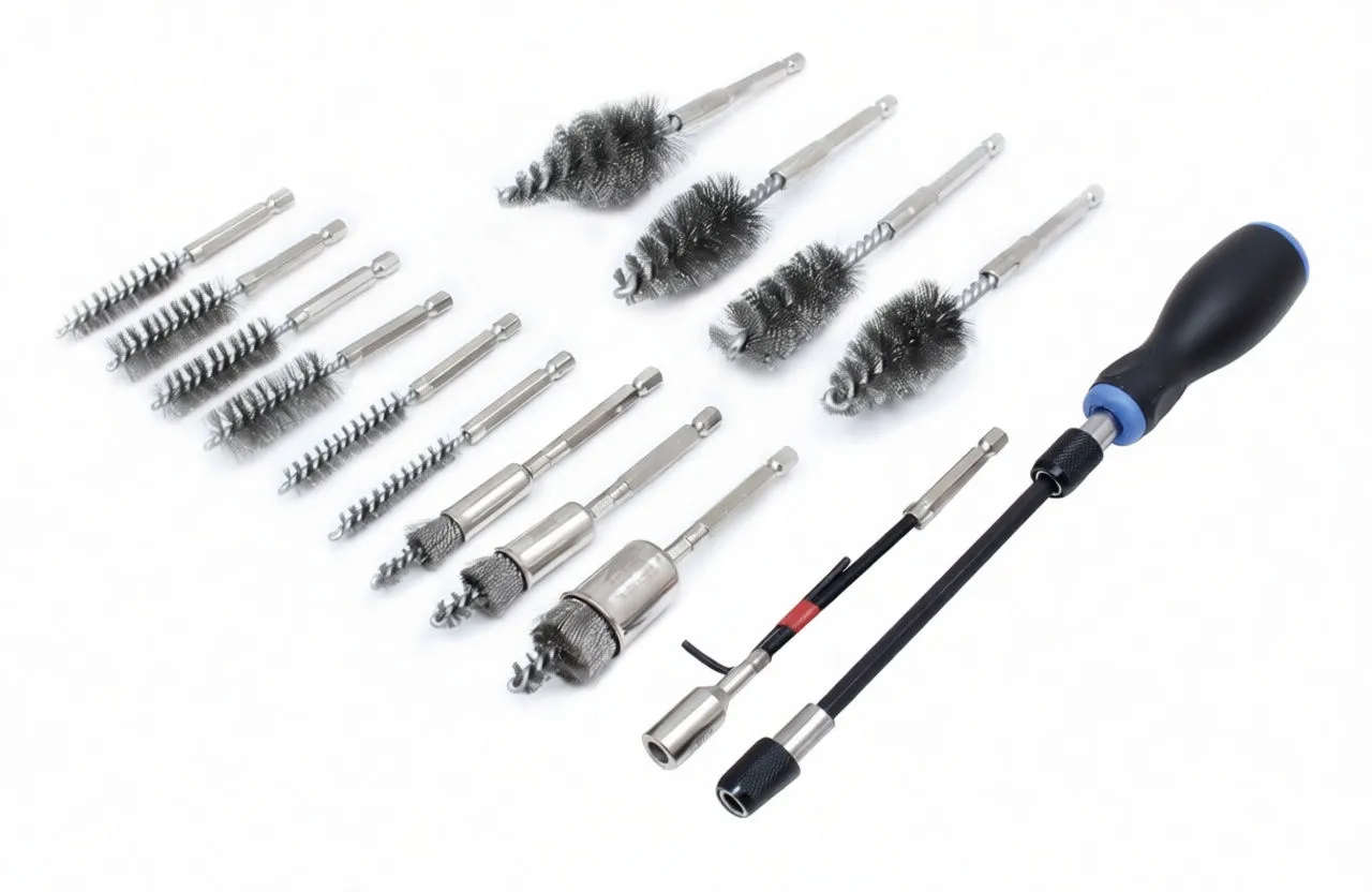 Flat lay of cleaning kit parts: rows of metal brushes, cup brushes, two rod extensions, a blue-black handle and piles of wooden cotton swabs on white background.