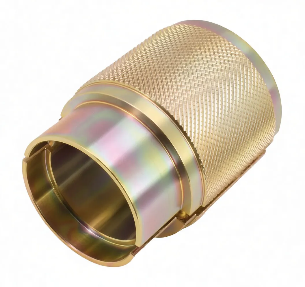 Angled view of a gold iridescent 43mm fork seal driver showing knurled grip and printed marking 'ASTA A-MF-3293'