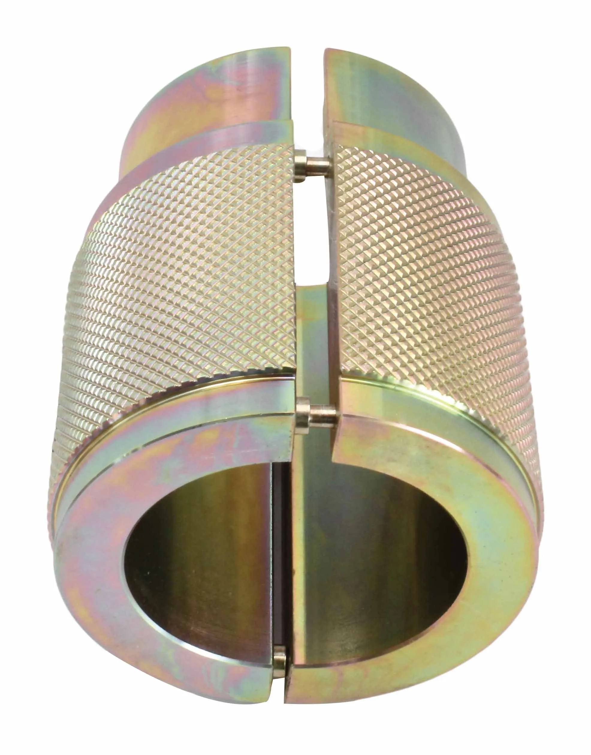 Front view of split clamshell fork seal driver showing inner bore, hinge pins and knurled outer surface
