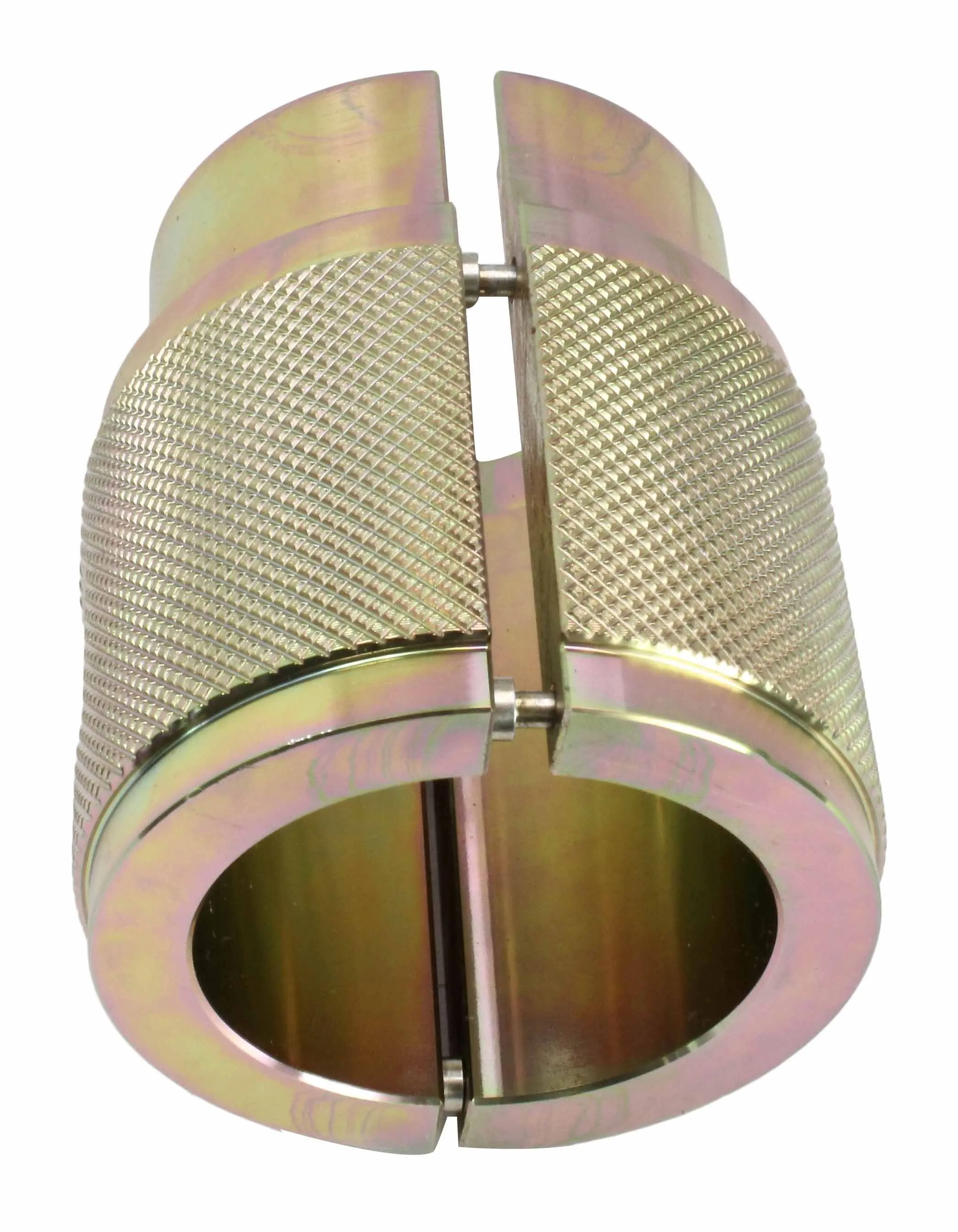 Top view of split two-piece form seal driver open to show hinge pins and smooth inner bore